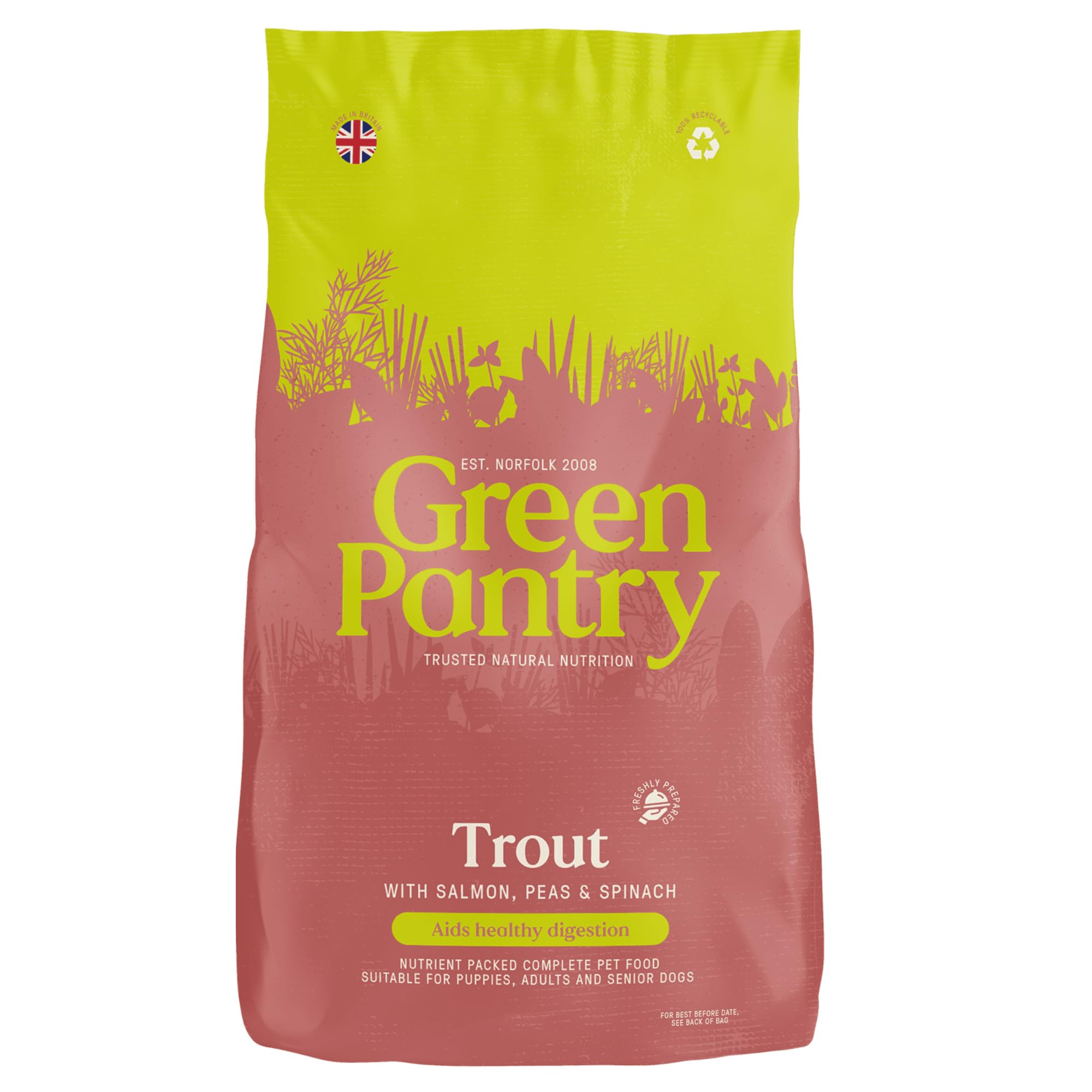Digestion Support, Natural Grain Free Dry Dog Food, Trout with Salmon, Lentils & Spinach, Adult Dog Food for Sensitive Stomachs, 5kg