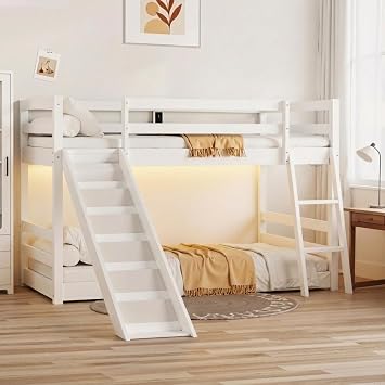 Bunk Bed with Slide Twin Over Twin, Solid Wood | LED Lights & USB Charging, Reversible Slide & Ladder, Safety Guardrails, Space-Saving, 250 lbs