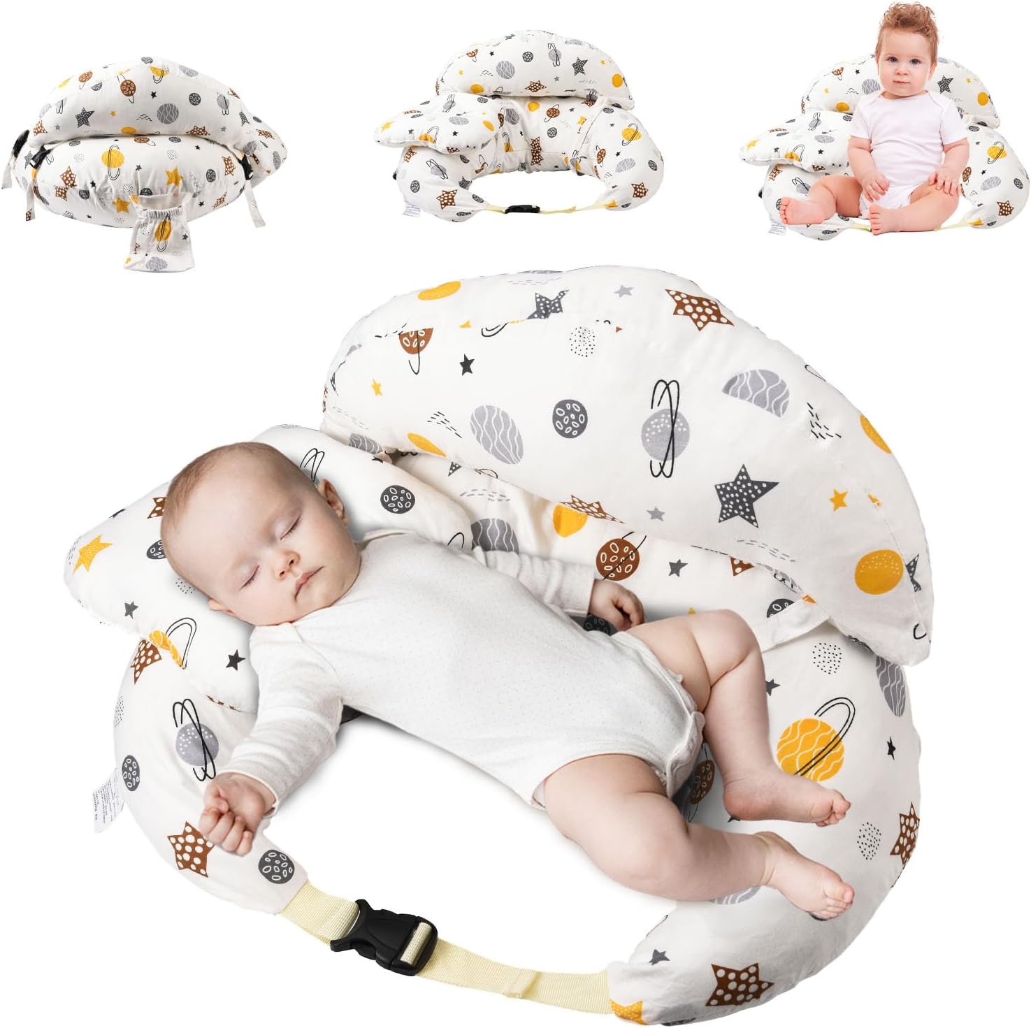 Breastfeeding Nursing Pillow, 3 in 1 Multifunctional Breastfeeding Baby Feeding Pillow with Adjustable Waist Belt &Safety Rail&Removable, 100% Cotton Detachable Pillowcase Pregnancy Gift