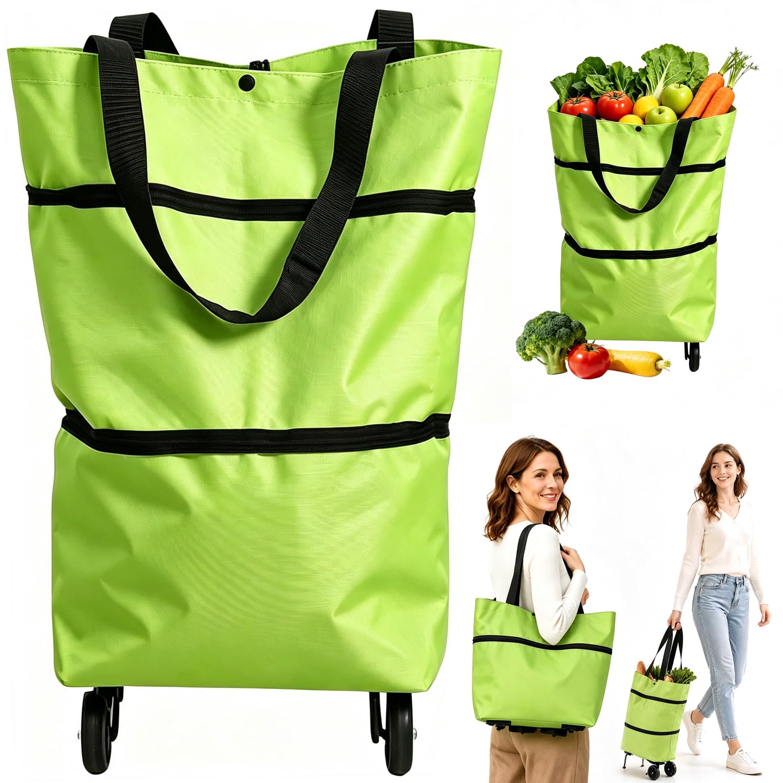 2-in-1 Foldable Shopping Bag on Wheels, Lightweight Grocery Trolley, Green