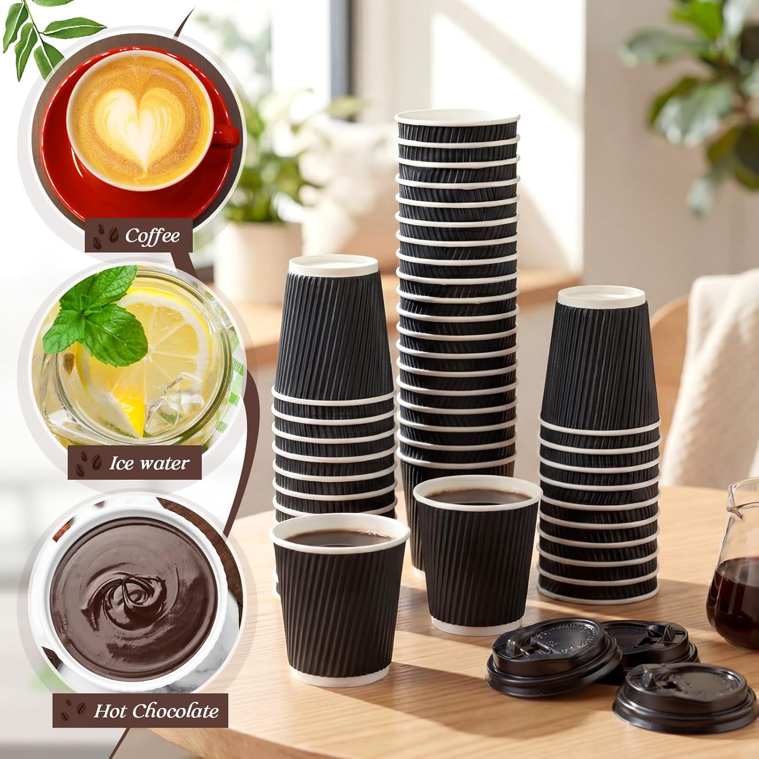 Ceenna 100 Set 7 oz Disposable Coffee Cups with Lids to Go Coffee Cup Insulated Hot Ripple Cup Paper Espresso Cups Bulk for Hot Chocolate Tea Cocoa Drinks Party