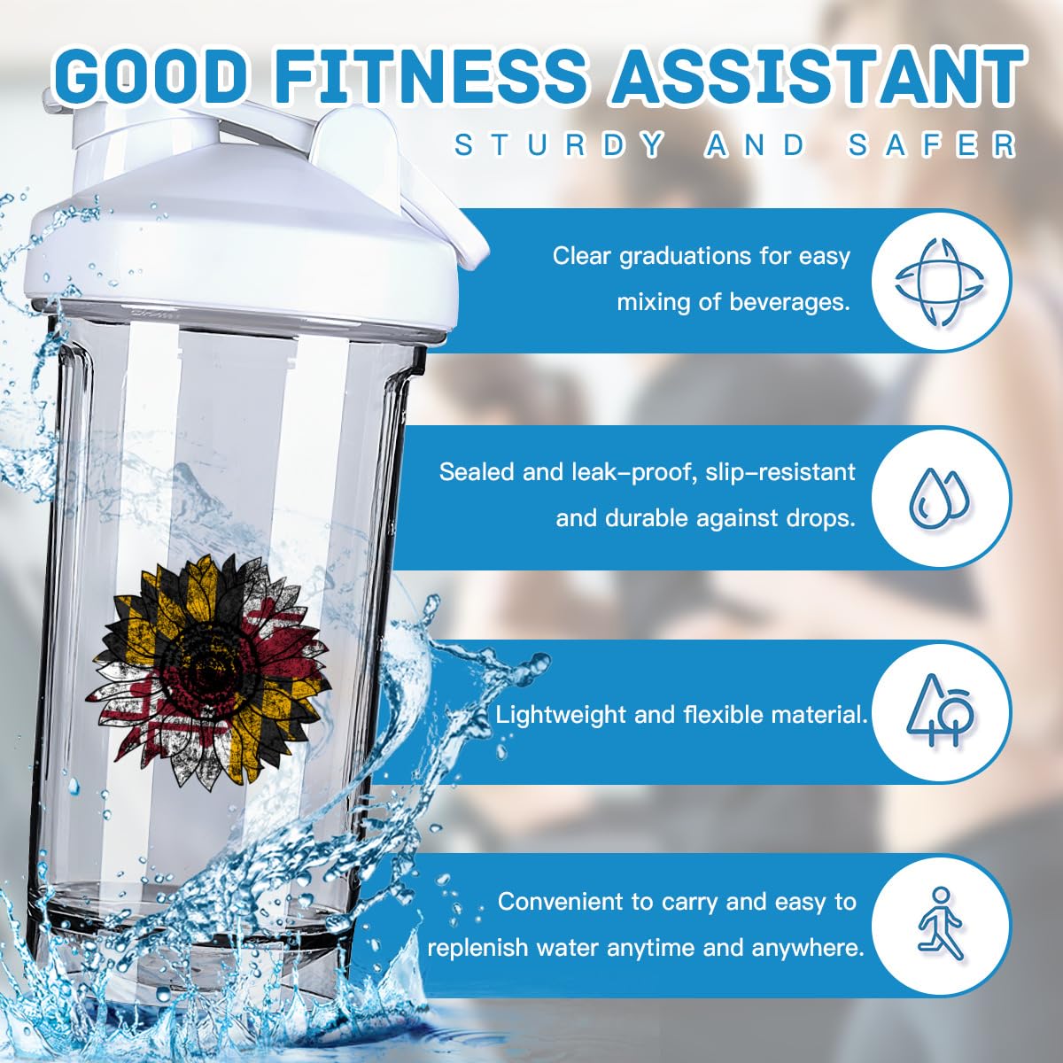 Vintage Sunflower Maryland Marylander Flag 18 Ounce Shaker Bottle Drink Mixer Leak-proof Pre Workout Protein Shakes Meal Replacement Shakes Bottles 500ML/18 Oz White