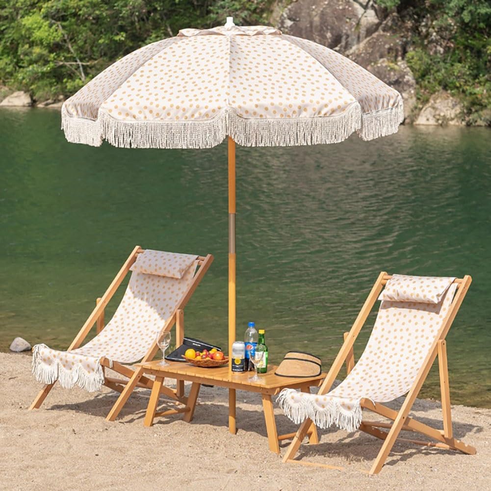 Sombrilla de jardín con flecos de 180 cm, sombrilla de jardín de lunares amarillos con protección UV 50+, sombrilla de playa antiviento, sombrilla plegable con poste de madera