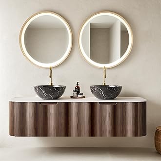 60" Floating Bathroom Vanity with Sink, Wall-Mount Cabinet with 2 Large Storage Drawer, 2 Black Bowl Ceramic Basins and Marble Top, Soft-Close Design, Dark Walnut