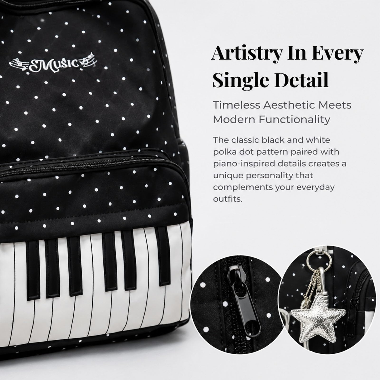 Jeeeun Piano Backpack, Cute Polka Dot Music Backpack for Women with Pendant, Lightweight Daypack for College, Travel & Everyday Use (White)