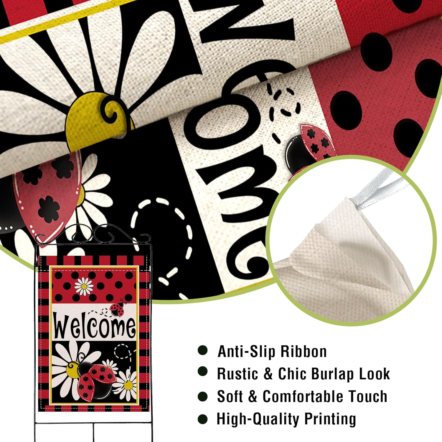 Artofy Welcome Spring Summer Ladybug Daisy Flower Large Decorative House Flag, Red Black Polka Dots Yard Garden Outside Decor, Seasonal Burlap Outdoor Home Decoration Double Sided 28 x 40