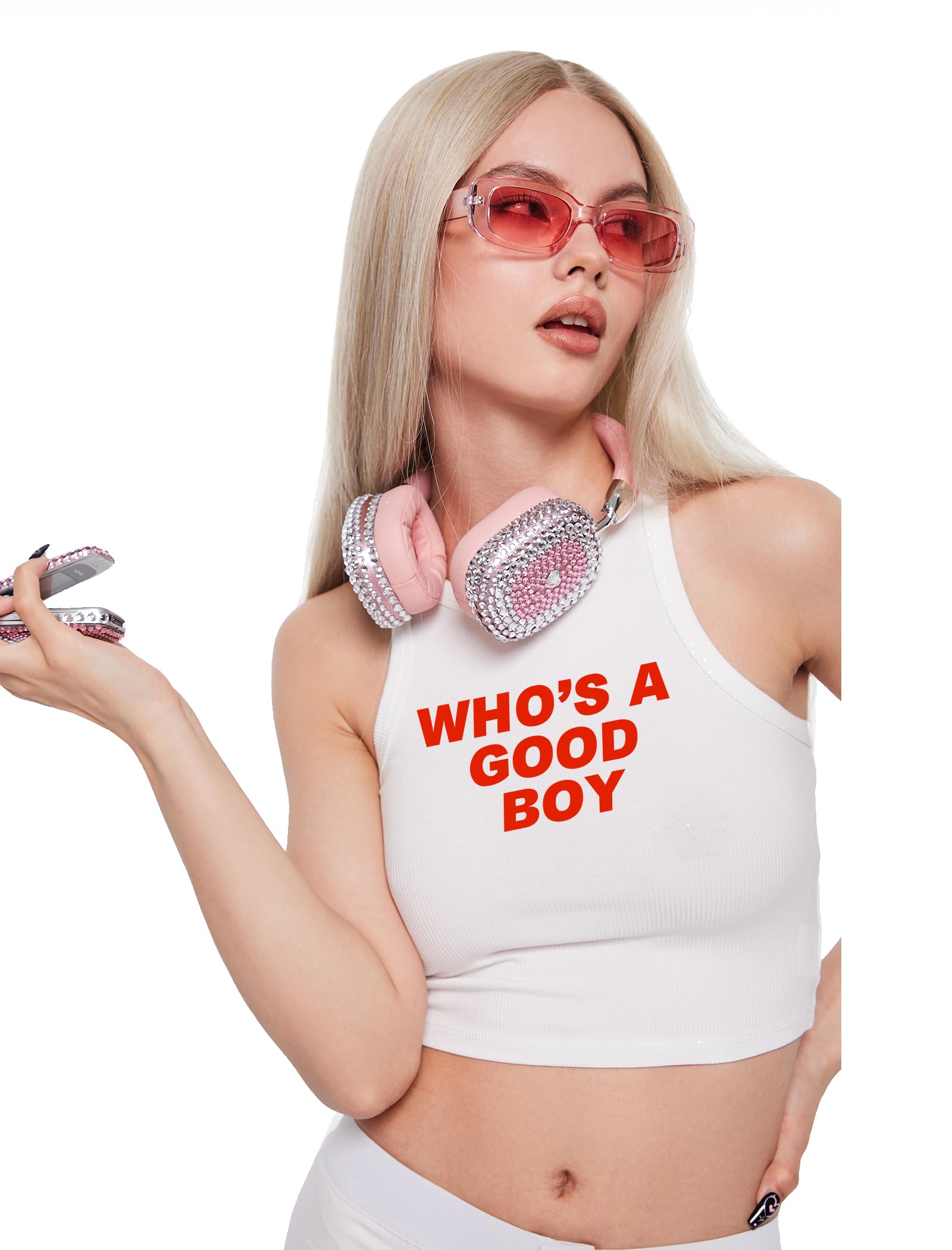 Y2K Crop Tank Top - Who's Sleeveless Round Neck Tight Fit Tank: White Small Short