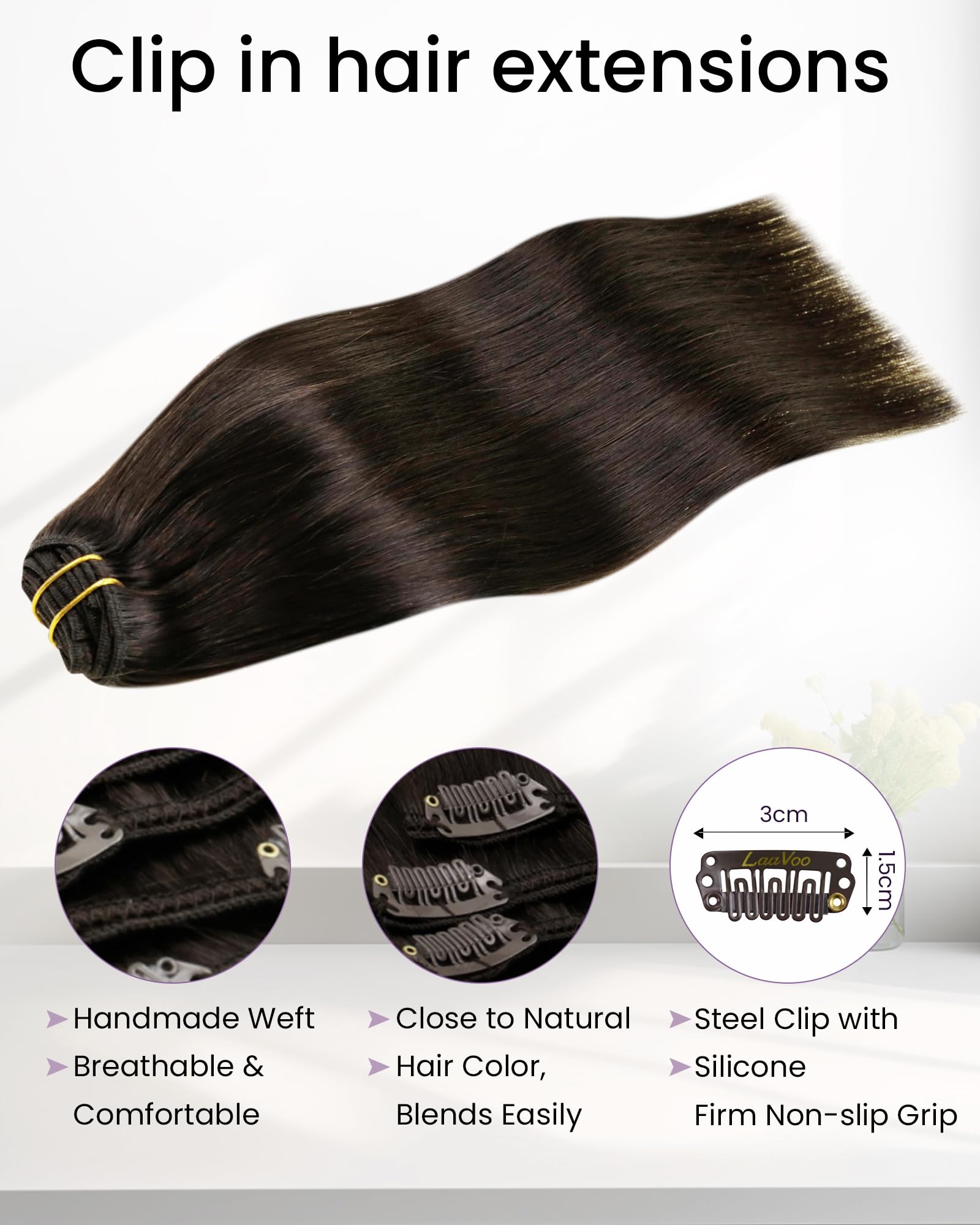 LaaVoo Clip in Hair Extensions Real Human Hair Dark Brown Hair Extensions Clip in Straight Remy Darkest Brown Hair Full Head Double Weft 80g 5pcs 16 Inch #2 - Image 3