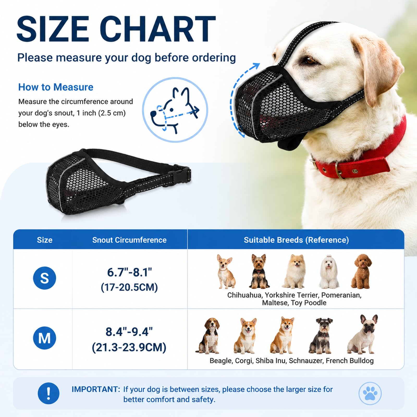 Muselière pour Chien, Respirante, réglable, Anti-Fress, réfléchissante, Protection légère, pour Chiens de Petite, Moyenne et Grande Taille, Panier de Dentition, en Maille, Noire, Taille (S)