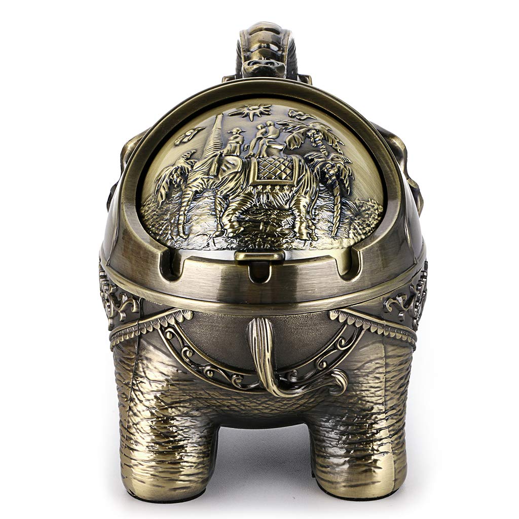 BSTKEY Cendrier coupe-vent vintage avec couvercles en forme d'éléphant rétro Bronze vert