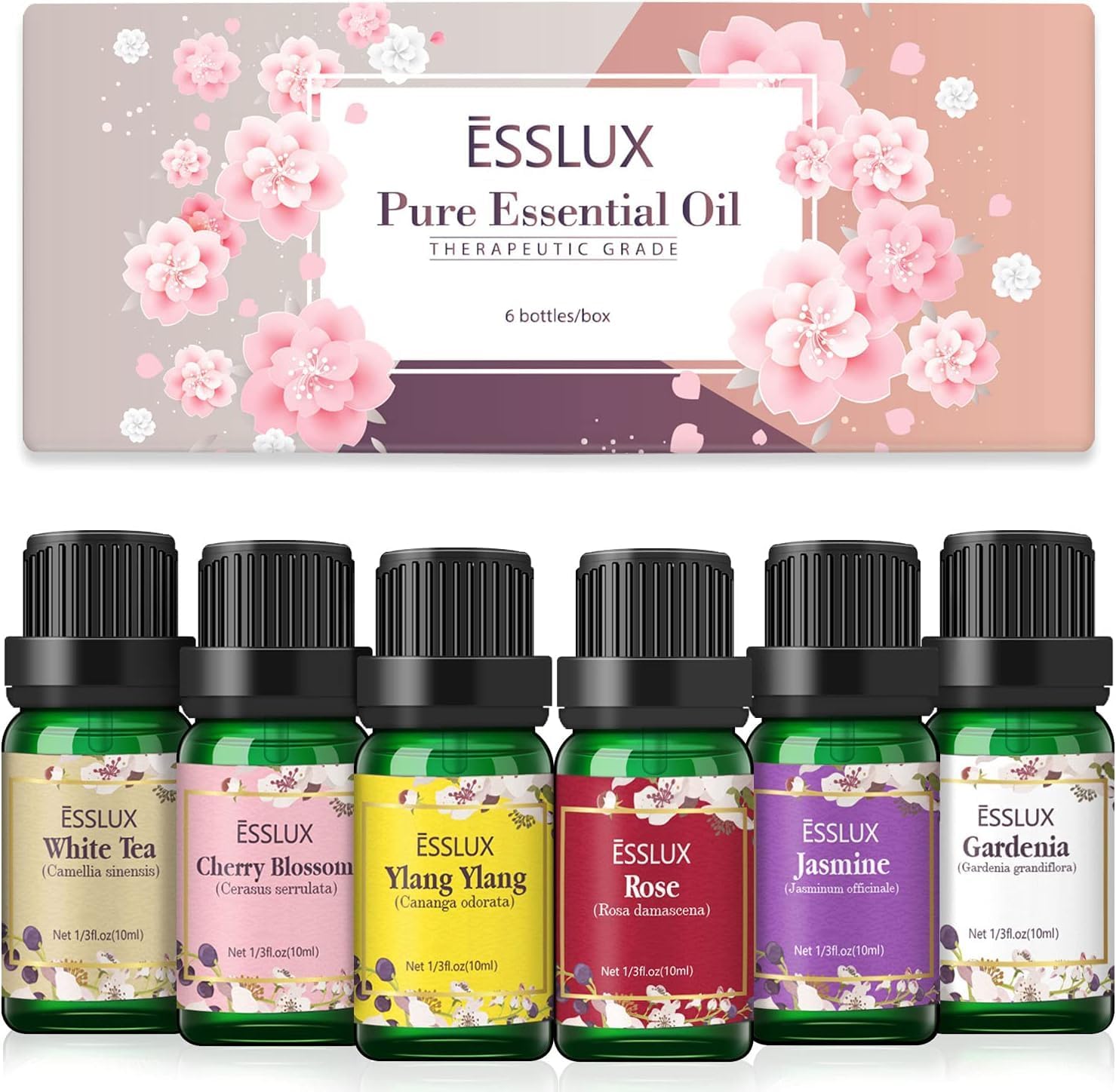 Essential Oils Set, ESSLUX Floral Essential Oils for Diffuser, Candle Making Scents - Rose, Jasmine, Gardenia, Ylang-Ylang, White Tea, Cherry Blossom, 6x10ml