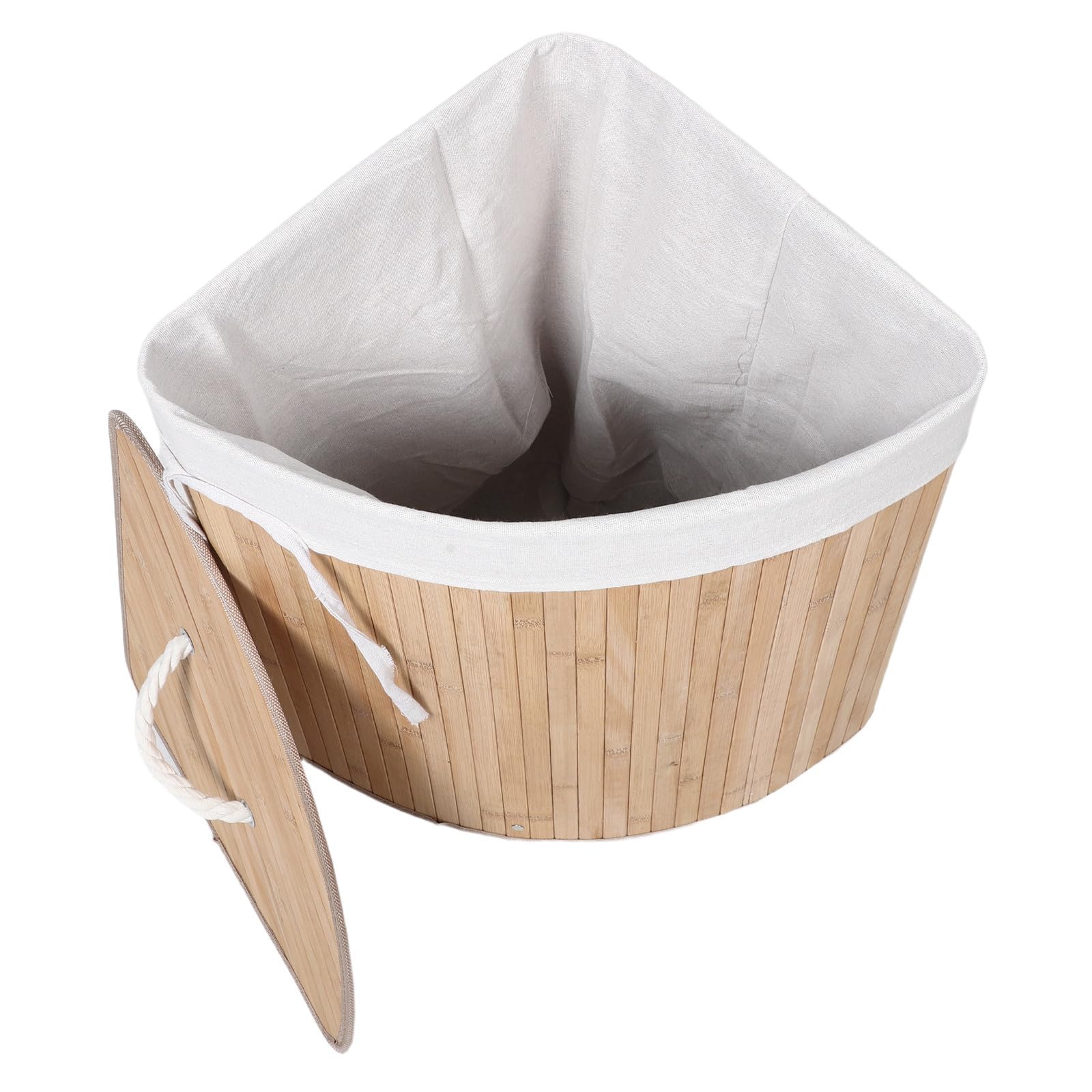 Toddmomy Cesto Portabiancheria Angolare Triangolare con Coperchio, 35x50cm, Bambù e Tessuto, Beige, per Bagno e Casa
