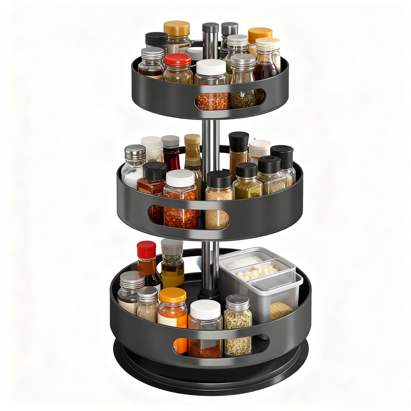 Portaspezie Girevole a 3 Livelli, Organizzatore Spezie in Metallo Lazy Susan per Armadietti, Porta Spezie Girevole per Cucina, Organizer Regolabile in Altezza per Cosmetici Bagno