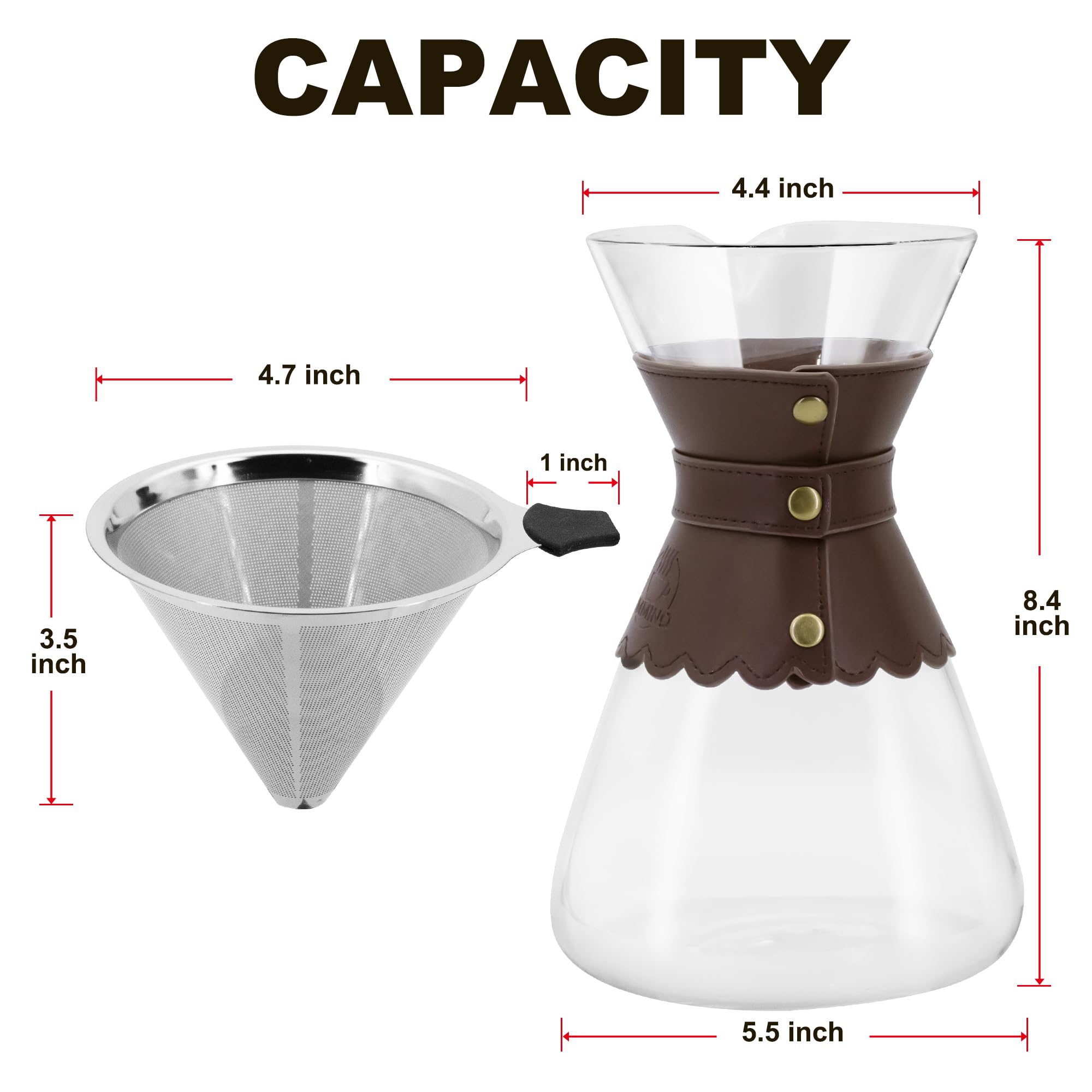 YMMIND Cafetera de 34 onzas con filtro de acero inoxidable de doble capa, gotero de vidrio de borosilicato, almohadilla de cuero desmontable resistente al calor para 7-8 tazas (marrón oscuro)