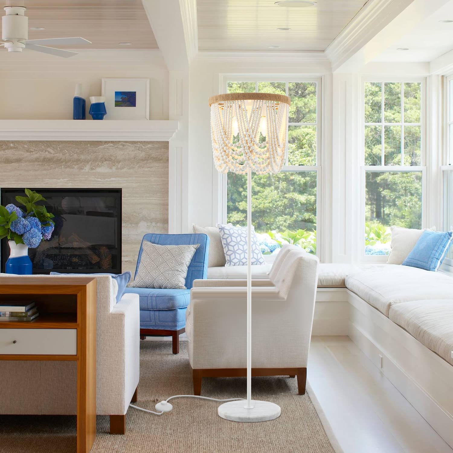 VILUXY Bohemia Wood Beaded Boho Floor Lamp Antique Rustic White Finishing for Bedroom, Nursery Room, Dining Room,Girl Room 3-Light