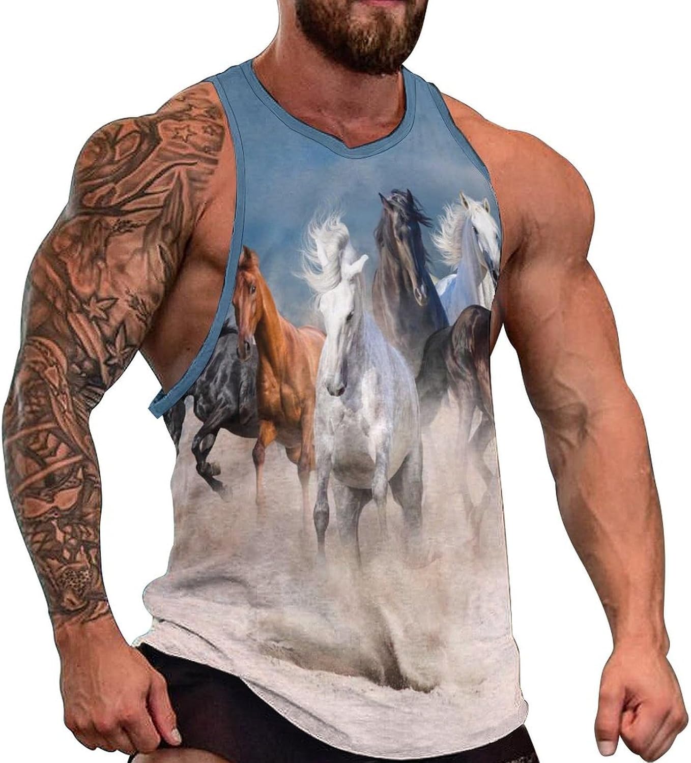 Horse Herd Run in Desert Storm Mens Tank Tops Sleeveless Muscle Shirts Beach Casual Gym Shirt Vest Tee Tops