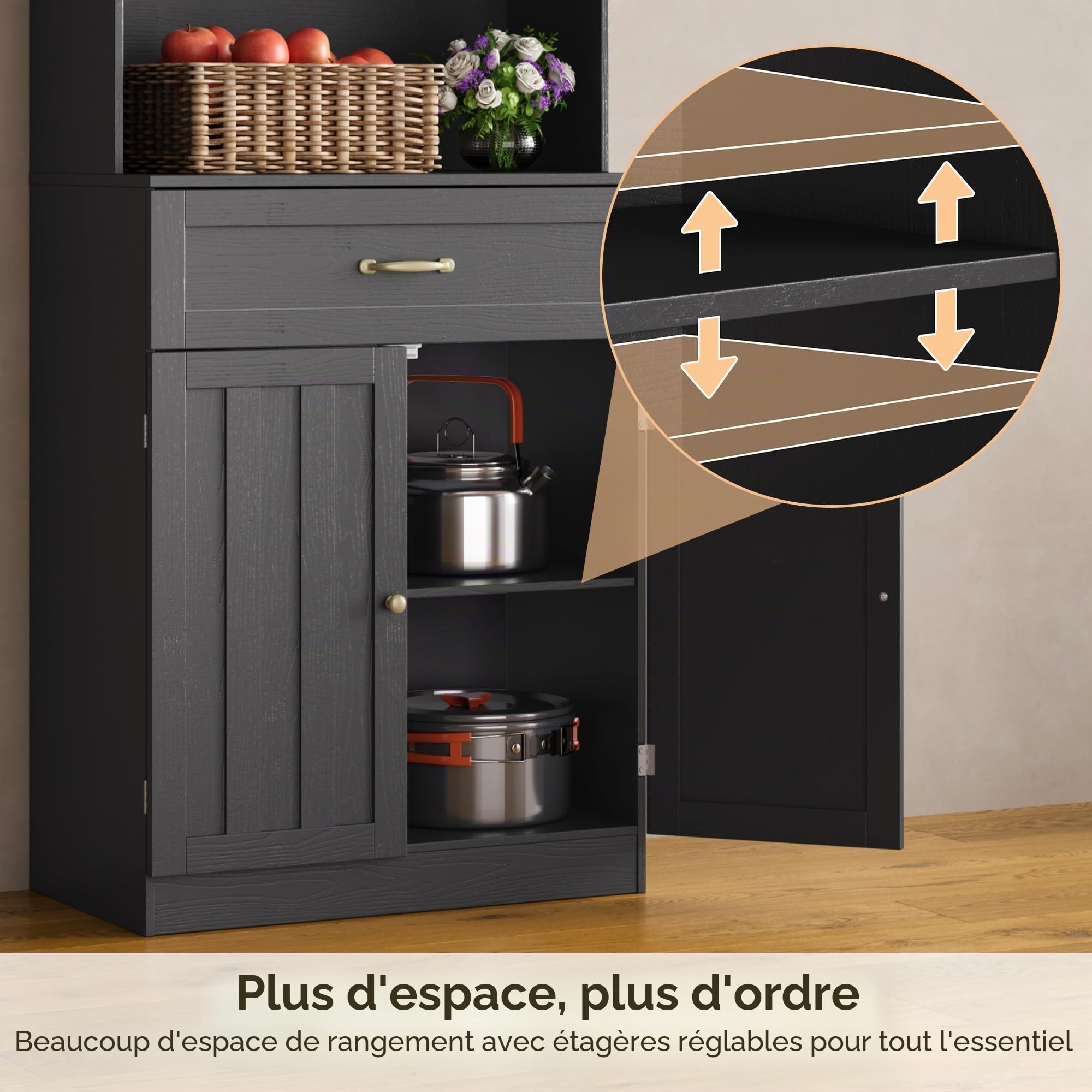 Haute Buffet,Admoire de Cuisine,Sideboard avec Portes en Verre, tiroir, Trou pour câbles et étagères réglables en Hauteur, pour Cuisine et Salle à Manger, 180x73x40 cm,Noir