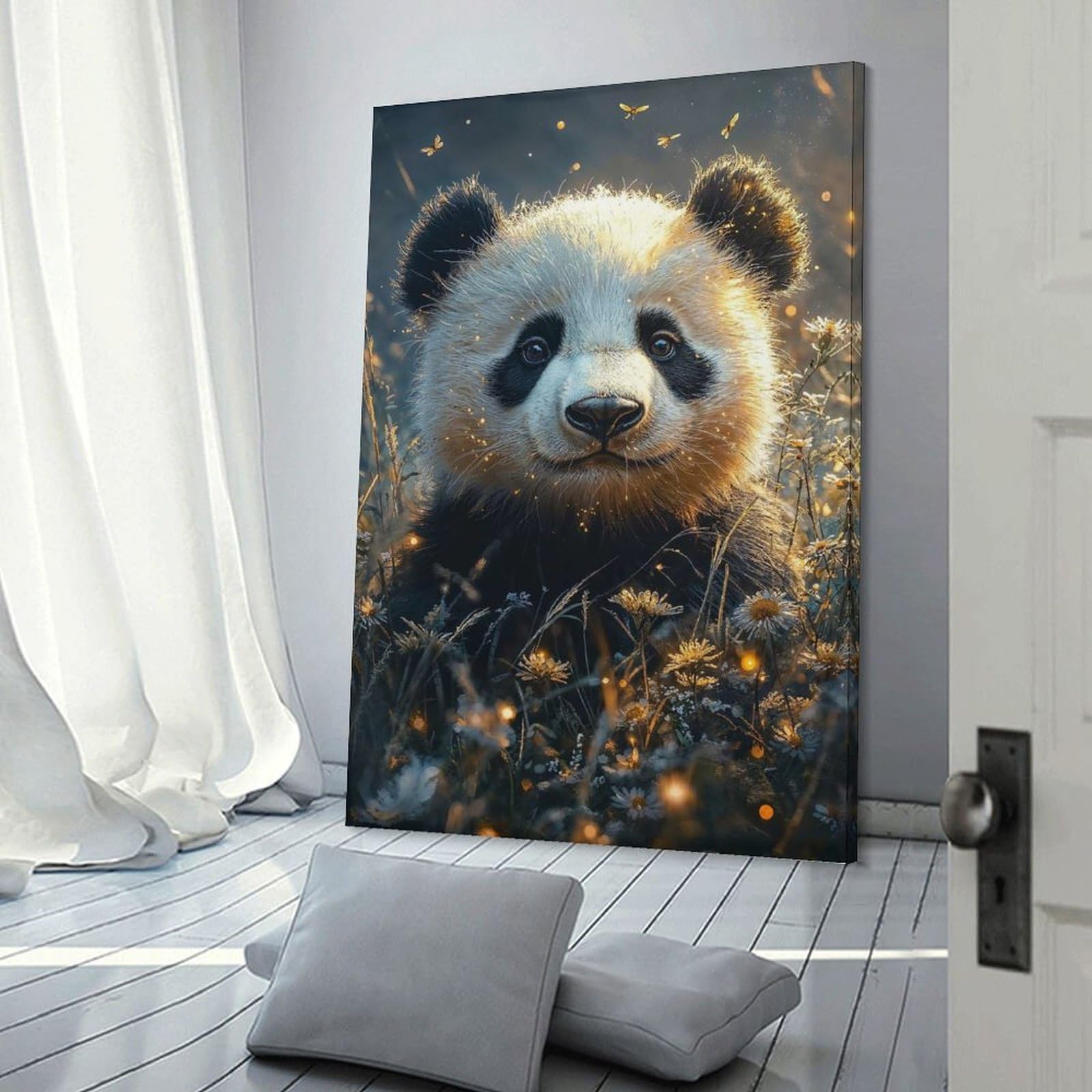 Junmoney Panda in A Field of Flowers Canvas Wall Decor, 08x12inch(20x30cm), for Office, Study Or Home Workspace, Wall Art That Adds Style to Work Areas