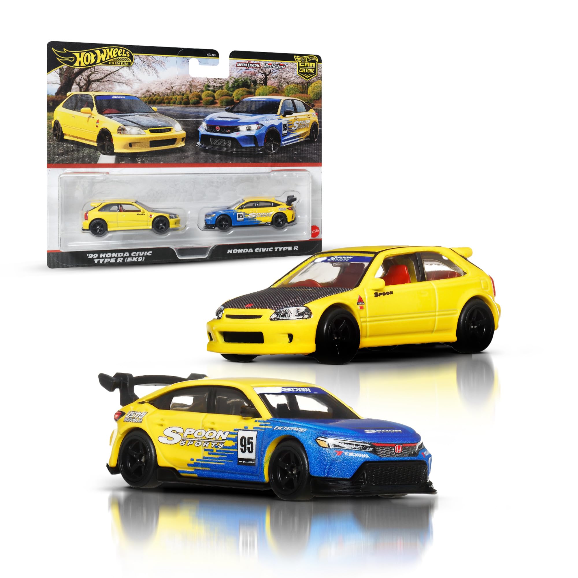 Hot Wheels Premium Honda Civic, Car Culture 2-Pack of 1:64 Scale Vehicles, Unique Pairings, Real Riders Tires, Metal/Metal Chassis, Toy for Collectors, JBL00