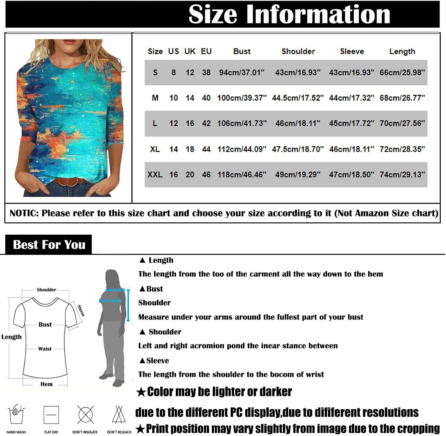 Shirts for Women Summer 3/4 Sleeve Crew Neck Printed Baggy Tops Holiday Dressy Casual Three Quarter Cute Womens Tops
