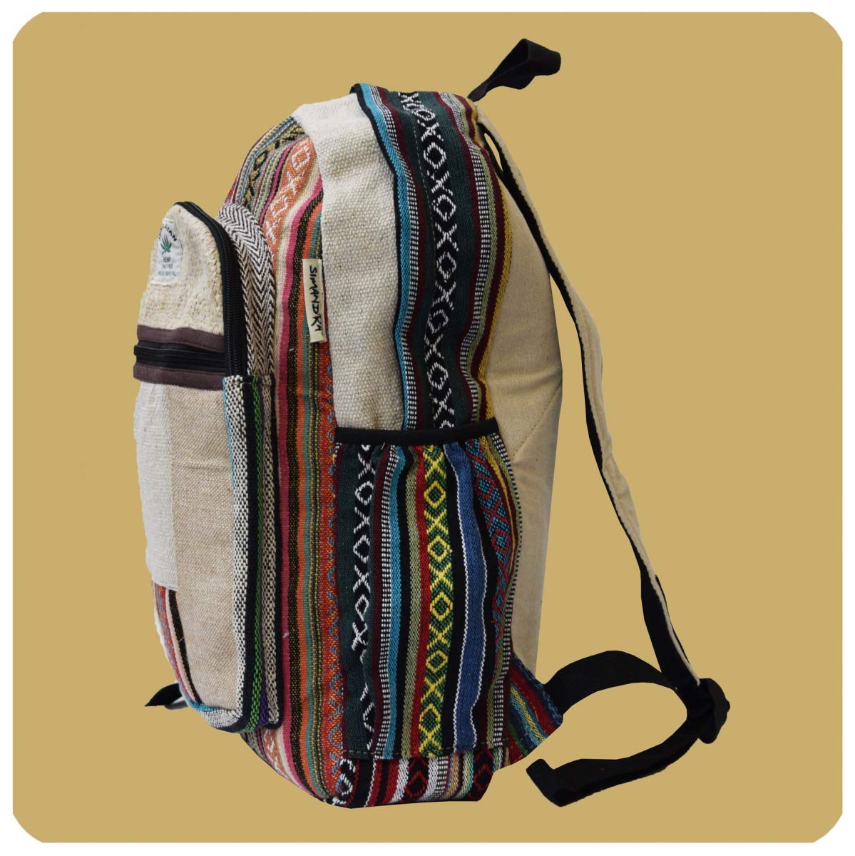 Simandra Ethno Hanf Zaino realizzato a mano in Nepal con molti scomparti, multicolore, 45 x 30 x 10cm