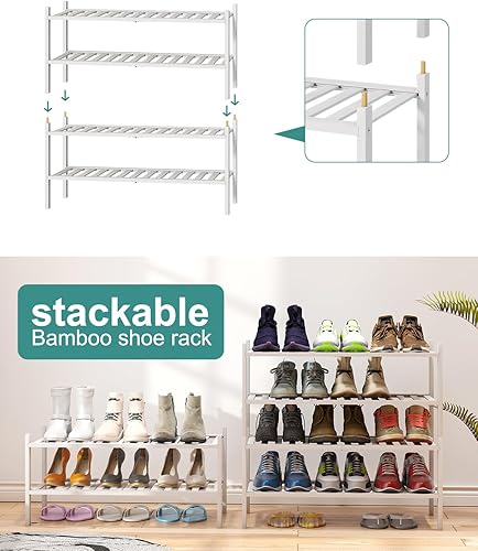Vista 107 de Zapatero de bambú de 5 niveles para entrada, apilable plegable Natural, organizador de zapatos para armario de pasillo, zapateros de pie