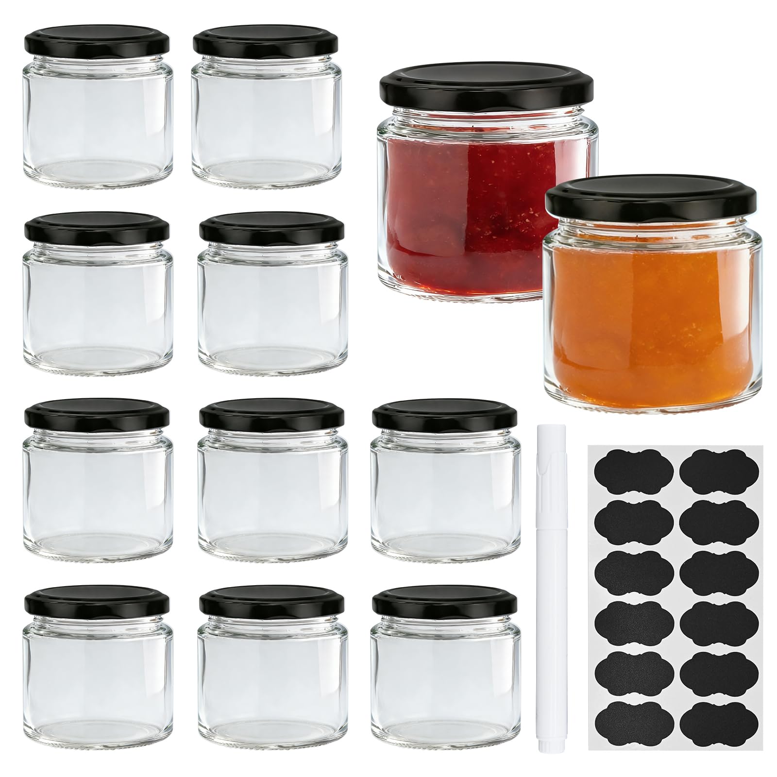 12 Set Barattoli di Vetro 150ml con Coperchio, Vassetti Piccoli Con 12 Etichette & Pennarello Ideali per Marmellata, Miele e Bomboniere