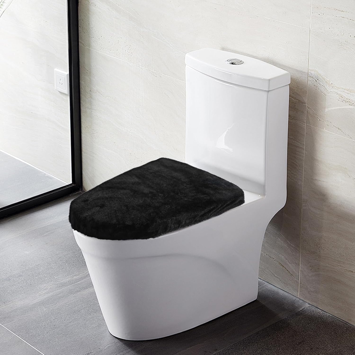 Bremorou Microfiber Toilet Lid Cover Soft Velvet Toilet Cover Machine Washable Absorbent Comfortable Durable Adjustable Toilets Seat Covers Fits Most Toilets Lids Elastic Bottom Fabric Seat (Black)