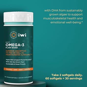 iwi Omega-3 Sport & Heart Omega-3 Bundle, 30 Servings, Vegan Plant-Based Algae Omega 3, Krill & Fish Oil Alternative, No Fishy Aftertaste