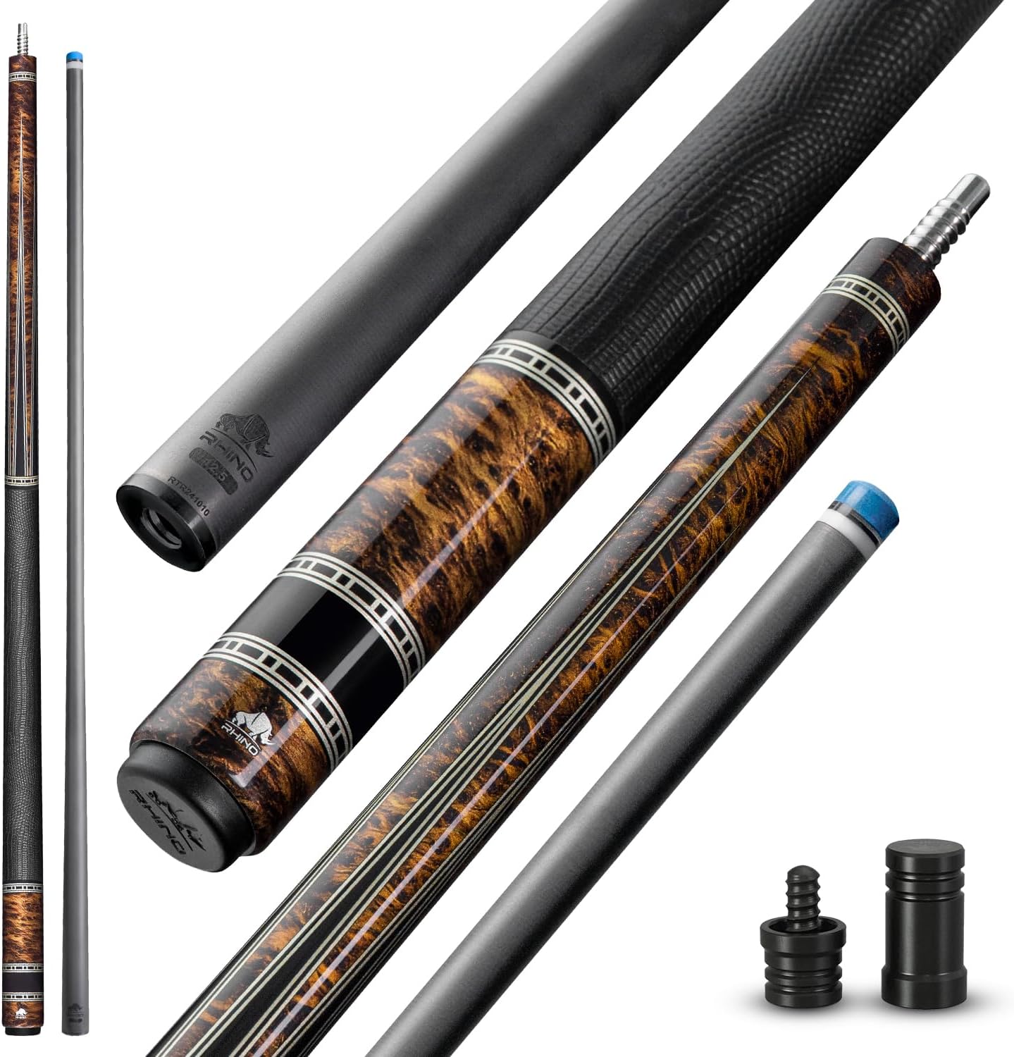 RHINO Retro Carbon Pool Cue, 30” Low Deflection Carbon Fiber Shaft, 12.5mm Tip, Pro Taper, 3/8-8 Joint, Microfiber Leather Wrap Grip