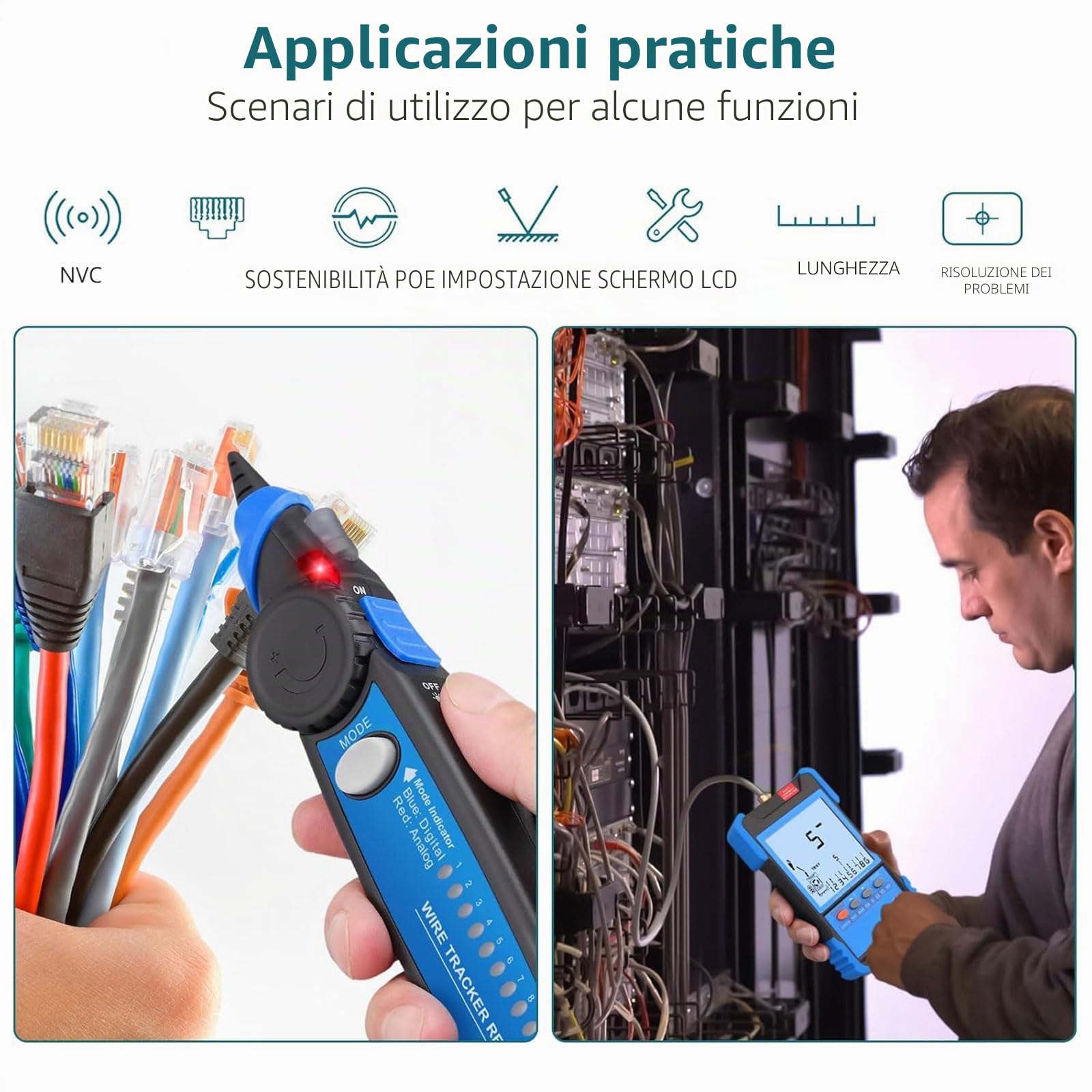 Tester di Cavi Rete PoE e NCV Multifunzione con Localizzatore di Cavi,Scansione Digitale 3 Modalità Display LED Reperimento Cavi Sotterranei CAT5 CAT6 CAT7 CAT8