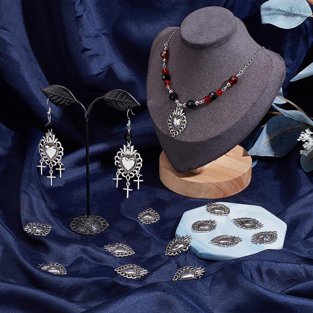 SUNNYCLUE 1 Box 60Pcs Sacred Heart Charm Heart Shaped Charms Tibetan Style Antique Silver Valentine's Day Love Alloy Pendants Charm for Jewelry Making Charms Necklace Cinco de Mayo in Mexico DIY Craft - Image 4