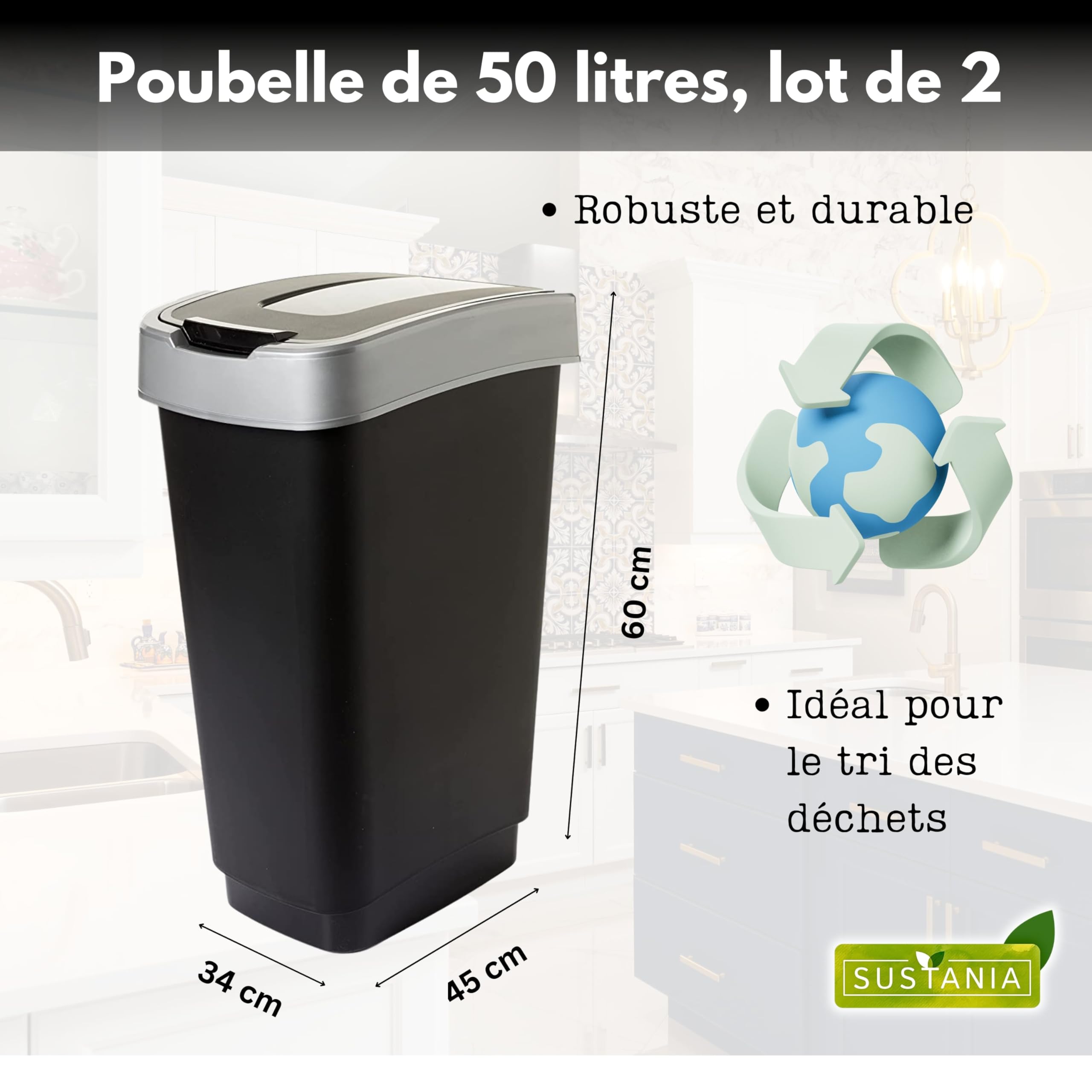 Home Zone Living Poubelle De Cuisine De 70 Litres, Corps Haut En Acier Inoxydable, Capacité De 70 Litres, Brouillard Océanique