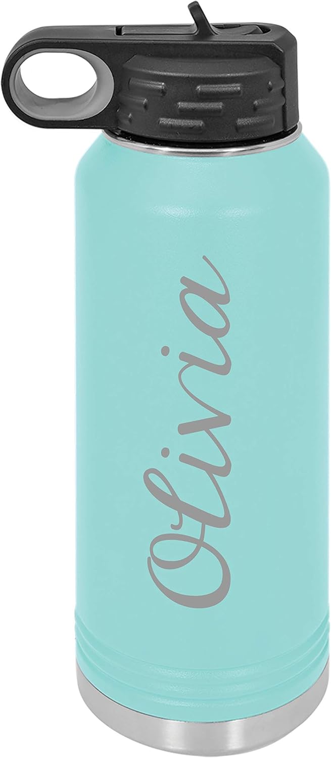 Madi Kay Designs Personalized Water Bottle Custom Laser Engraved, Insulated 18/8 Stainless Steel, Double-Walled, Copper Vacuum Insulated, Choose from 12 Fonts - 32 oz or 40 oz