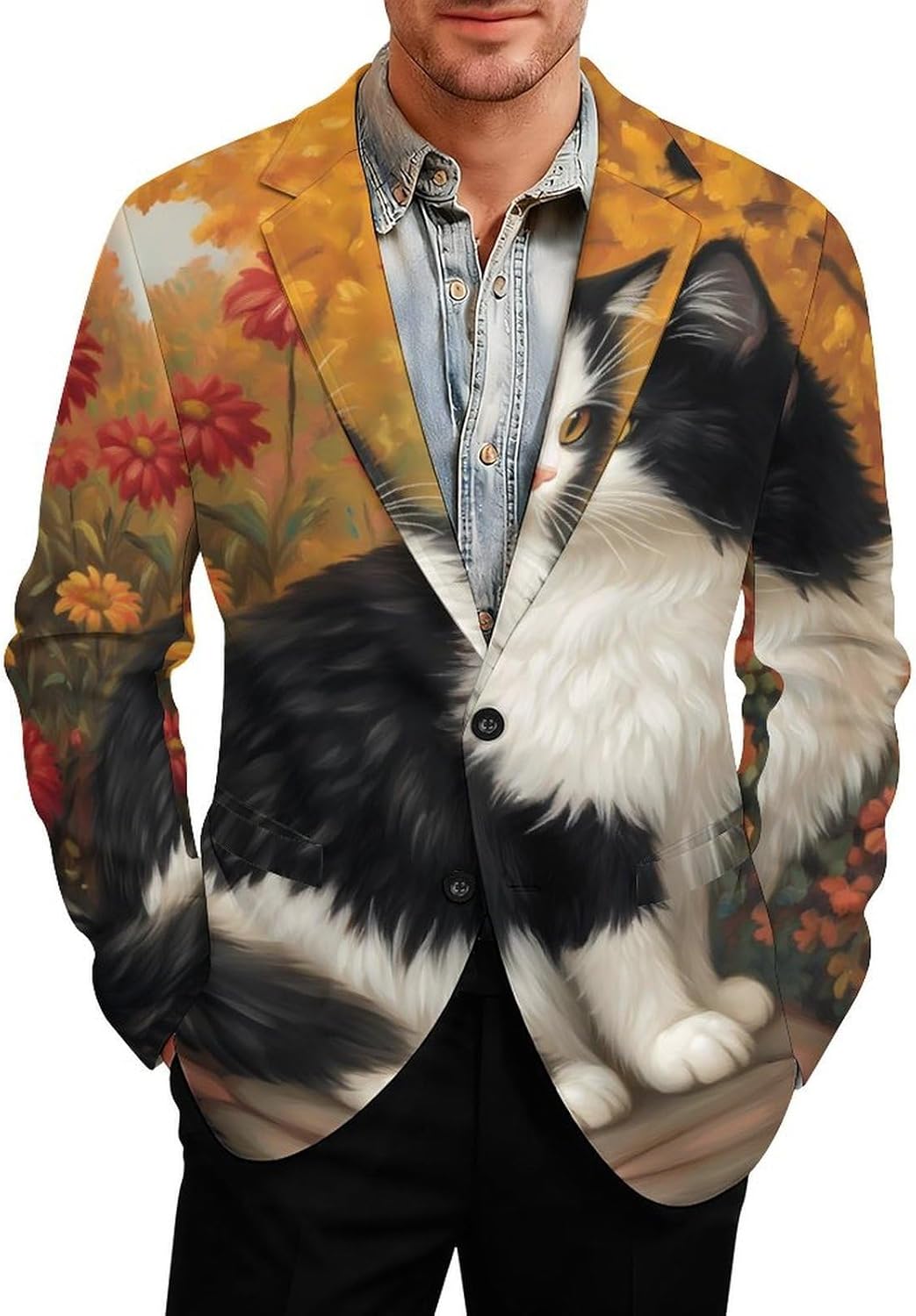 Long Hair Cow Cat Autumn Fashion Blazer for Men Suit Jackets Lightweight Button Lapel Sport Coats