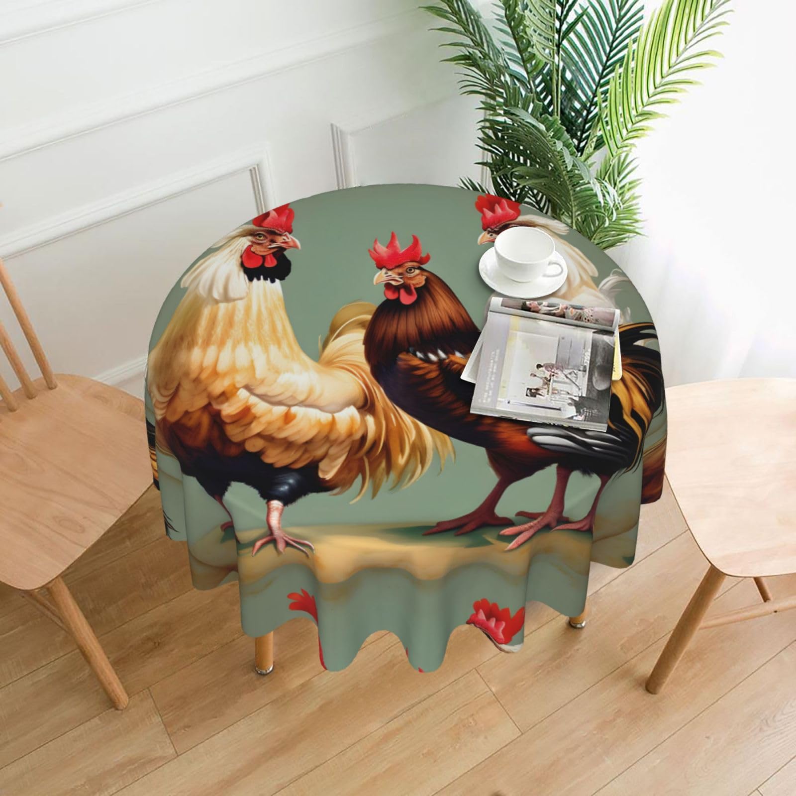 Nbtghga Rooster And Chicken Print Print Tablecloth Round Border Table Cloth Cover Decorative For Party Holiday Dinning Tabletop Home