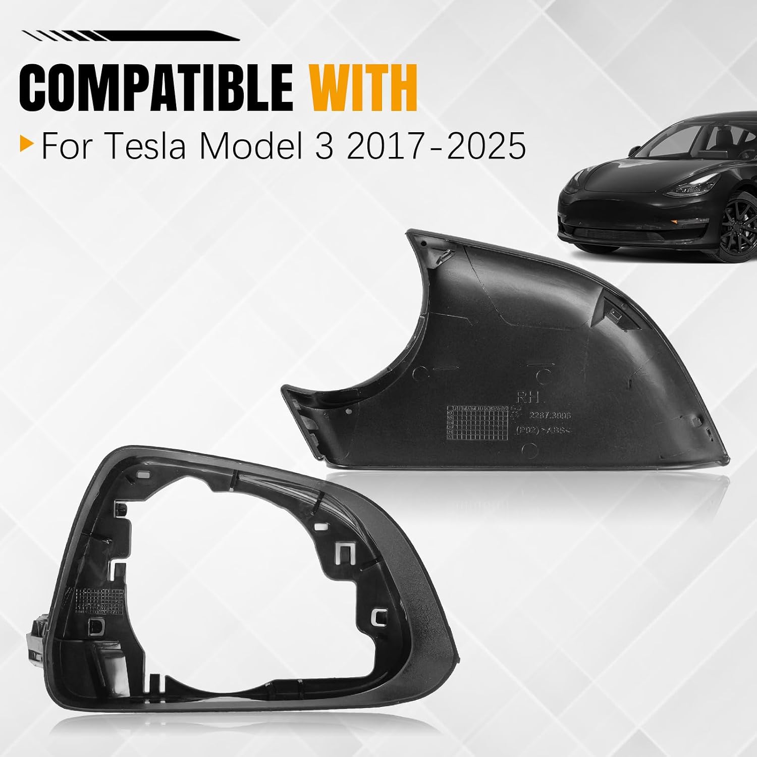 Right Mirror Cover Lower Holder & Frame Kit For Tesla Model 3 2017-2025 | Driver Side Rearview Mirror Bottom Cover & Housing Frame Replacement