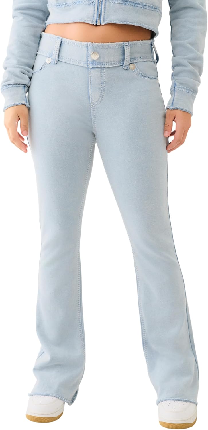 True Religion Women's Washed Raw Edge Big T Bootcut Pants | Distressed Denim with Signature Big T Stitching