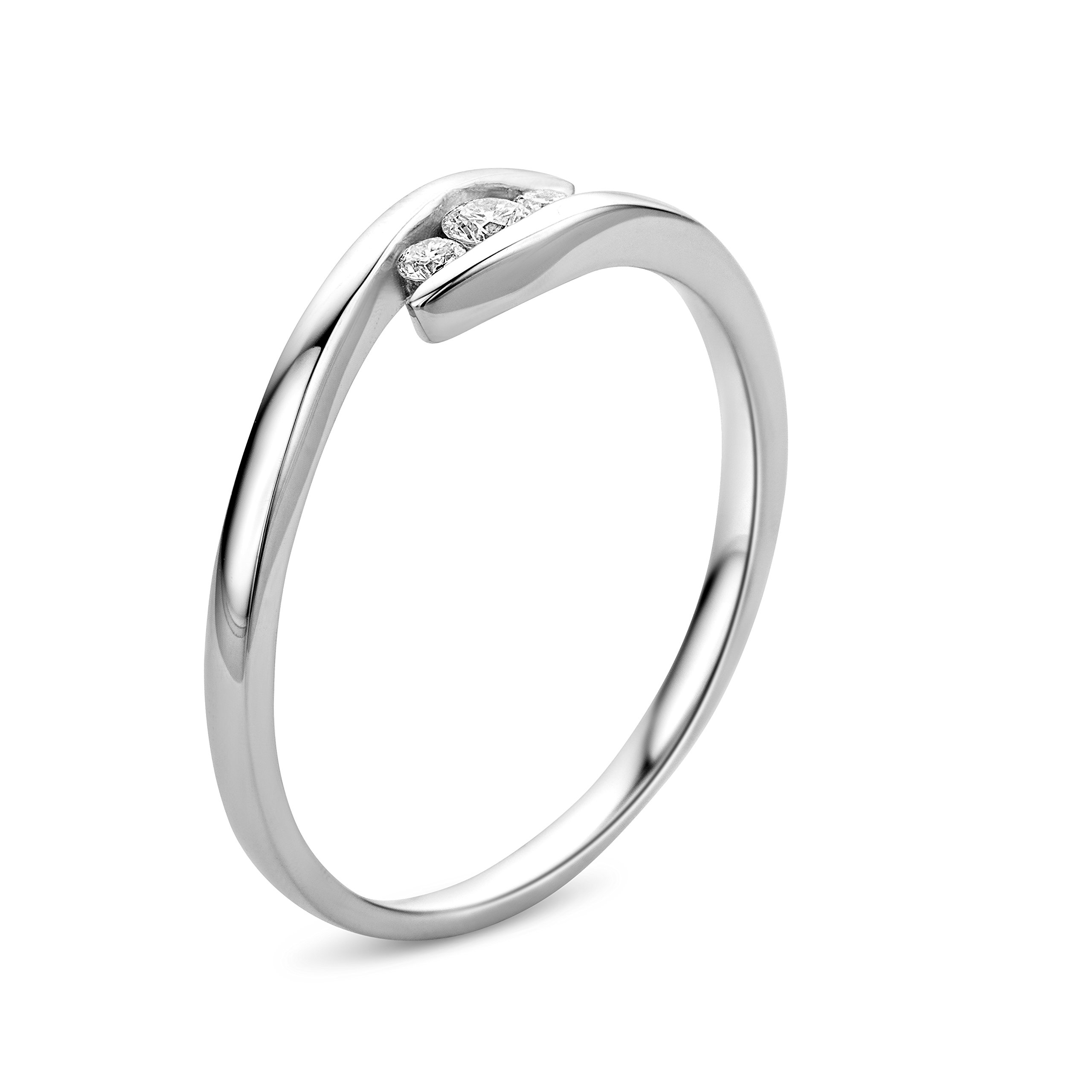 OROVI Anillo de mujer de oro blanco de 0,10 quilates con diamante Trilogy, anillo de compromiso de oro de 9 quilates (375) y diamantes brillantes, Oro, Diamante