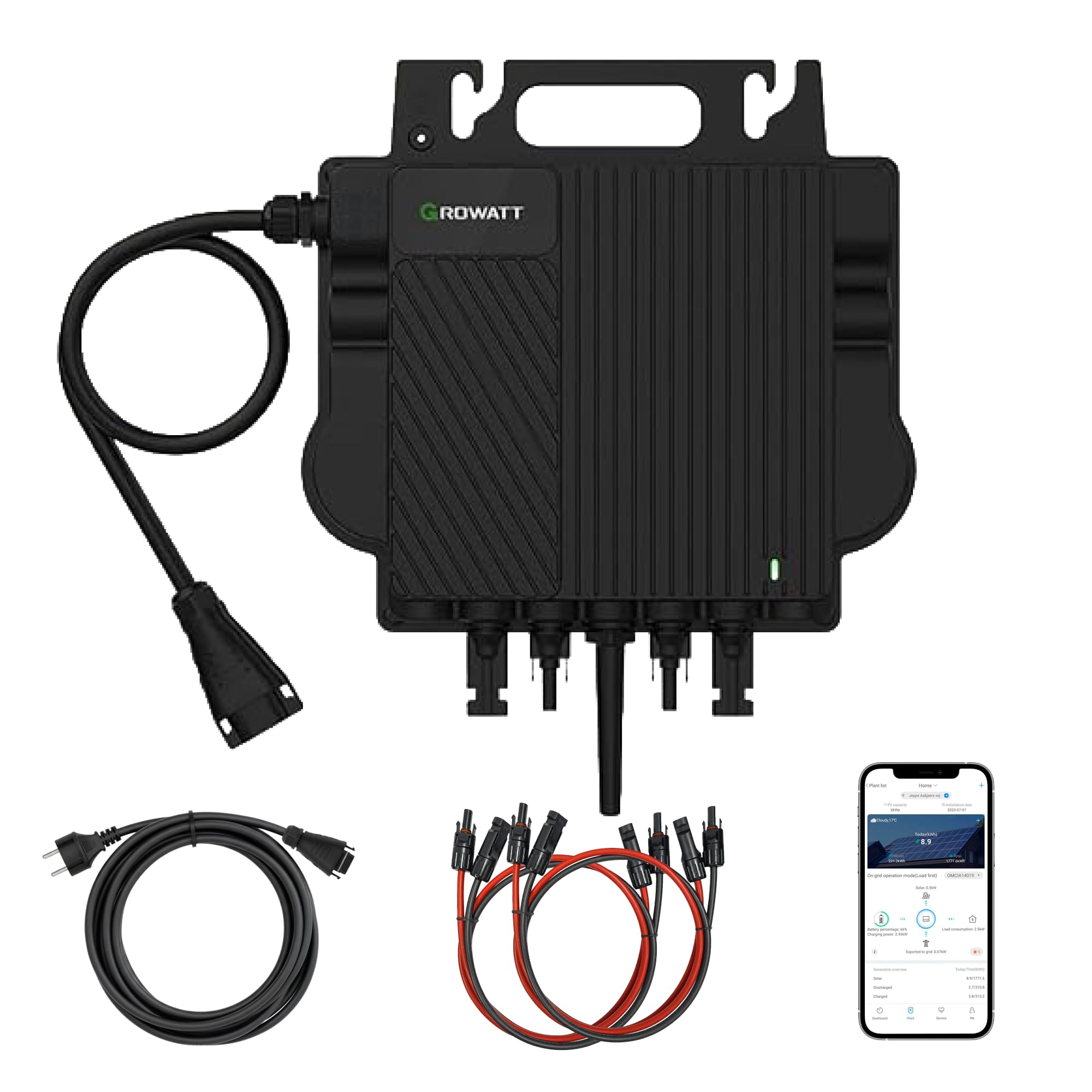 GROWATT Mikro-Wechselrichter 800 W NEO‑800M‑X für Balkonkraftwerk, IP67 wetterfest, Plug&Play Installation, 2 MPPT, WiFi Bluetooth, inkl.5m Anschlusskabel und 4x1m Solarkabel