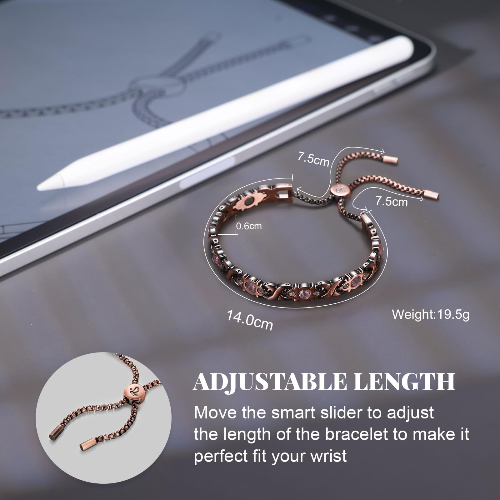 RainSo Pulsera magnética de cobre para mujer, joyería ajustable de cristal rosa con acabado antiguo, caja de regalo hipoalergénica, 13.21 centimeters, Cobre