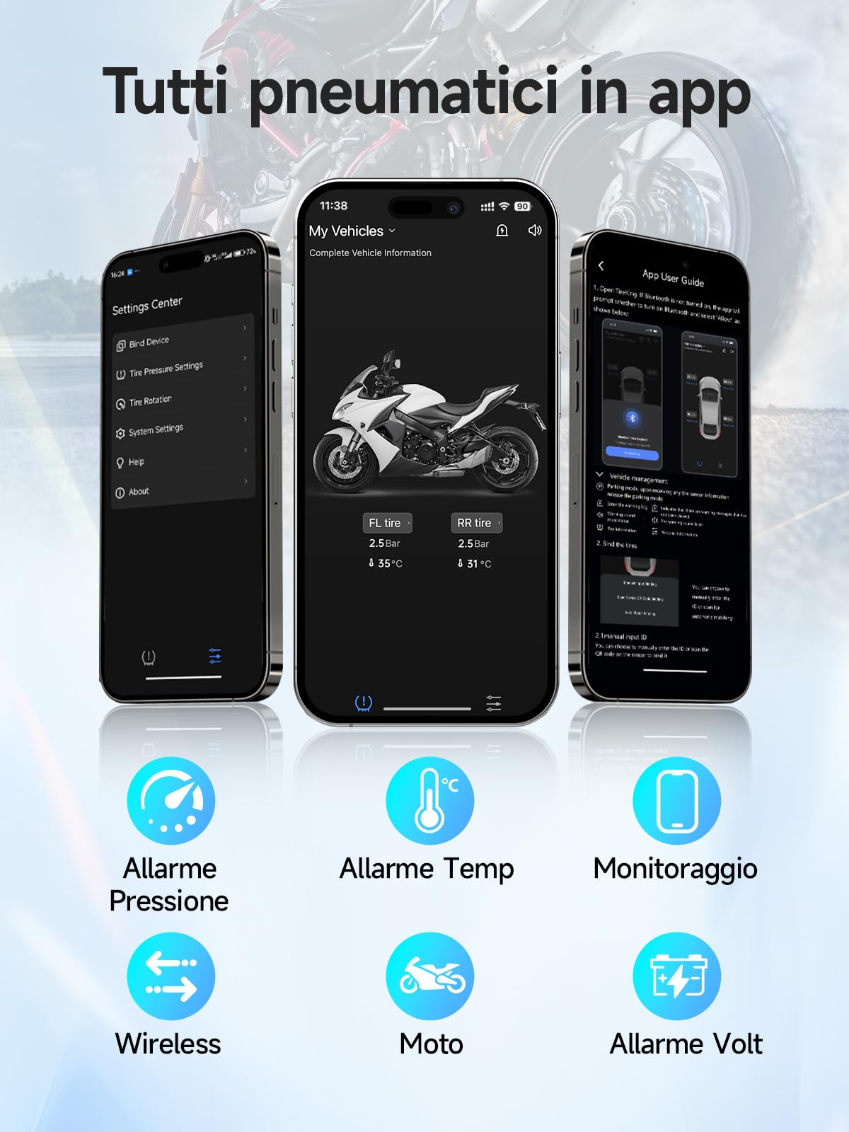 Moman Sistema di controllo della pressione dei pneumatici TPMS per moto con 2 sensori, con app, monitor della pressione e della temperatura dei pneumatici con funzione di allarme, compatibile solo con