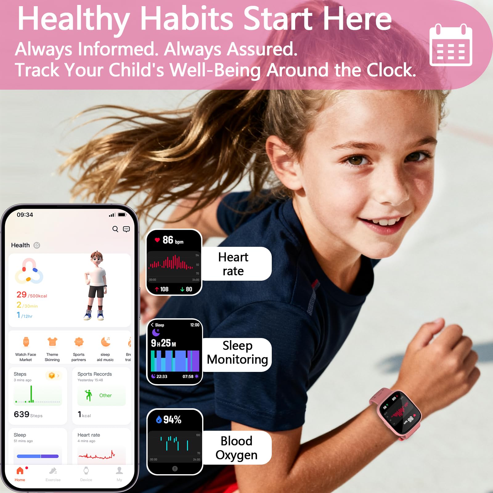 Smart Watch per bambini con Find My (solo iOS), orologio fitness tracker touch screen da 1,83", 80 contapassi, contacalorie con giochi di puzzle per ragazzi e ragazze 7-10 con/senza app, PL