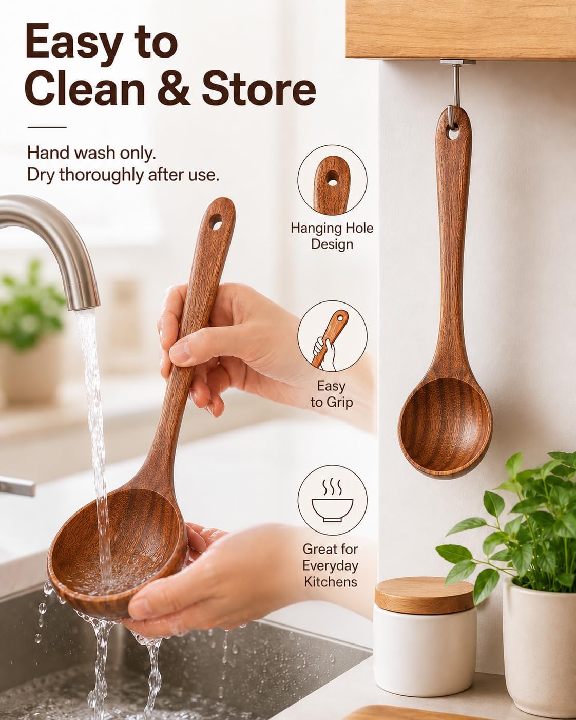 Wooden Soup Spoon, Natural Teak Wood Soup Ladle with Long Handle, Deep Scooper Serving Spoon for Soup, Gravy, Sauce, Porridge & Stew, No-Scratch Cooking Utensil for Nonstick Cookware, 10.6"