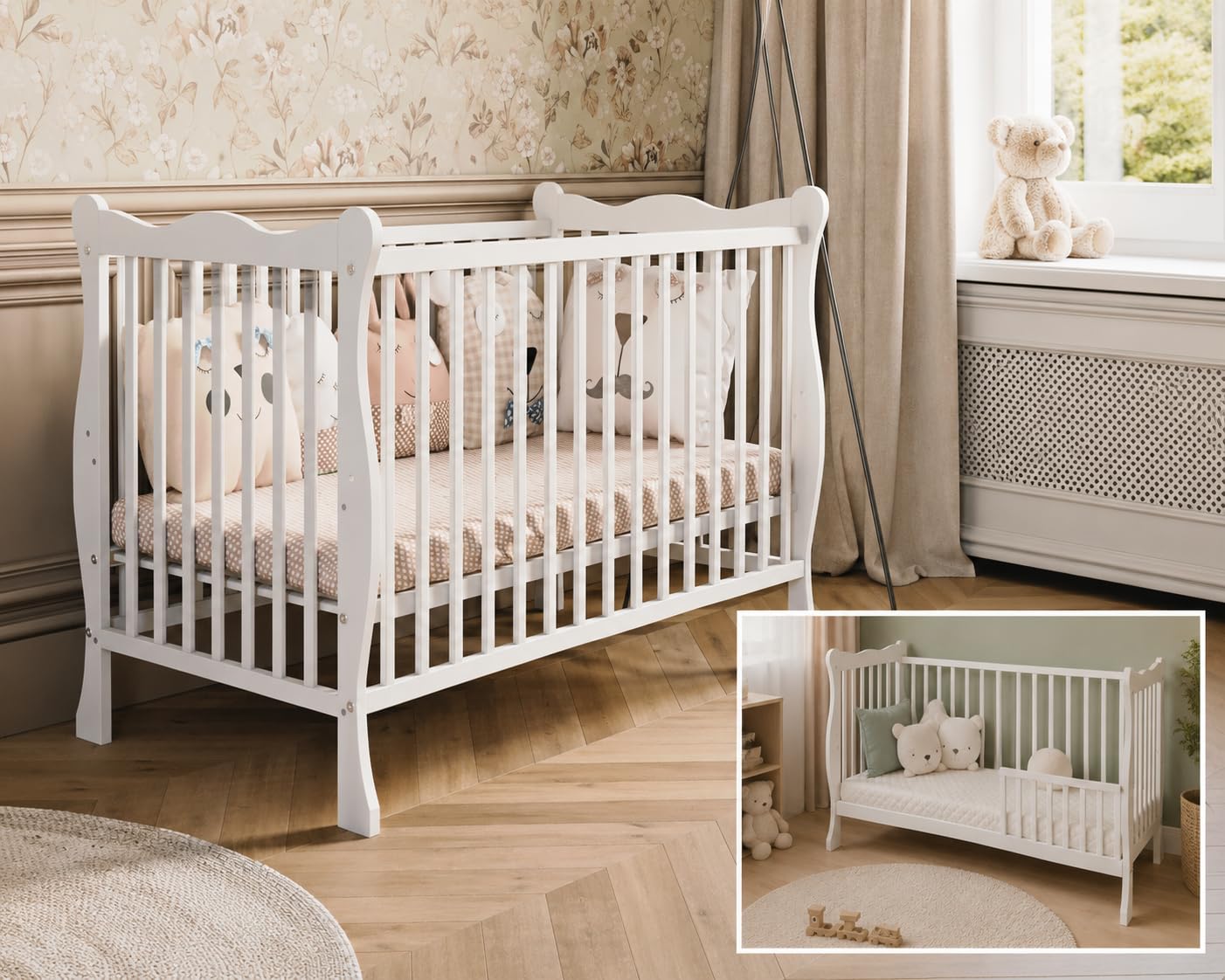 Cuna Julia de 60 x 120 cm, convertible en cama junior, 3 alturas ajustables, 3 barras extraíbles, de madera (con lado de conversión (sin colchón)