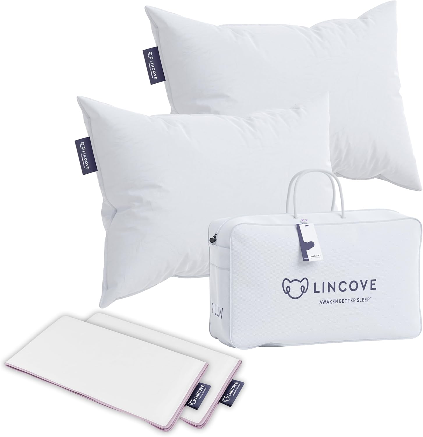 Lincove Almohada para dormir recreativa, rellena de plumón de primera calidad, 600 de potencia de relleno, incluye un protector de almohada, funda