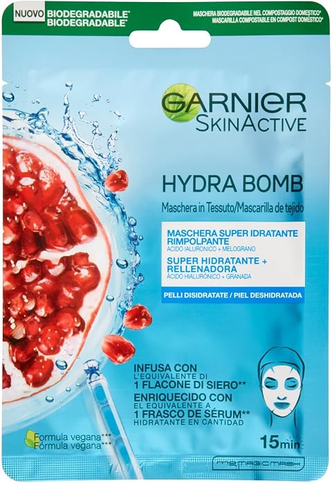 Garnier SkinActive Hydra Bomb Maschera Viso in Tessuto Super Idratante Energizzante per Pelli da Dissetare, 32 ml