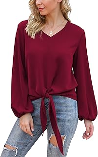 Sponsored Ad - VIISHOW Womens Tie Front Knot Lartern Sleeve Loose Fit V Neck Floral Blouses Chiffon Tops Shirts