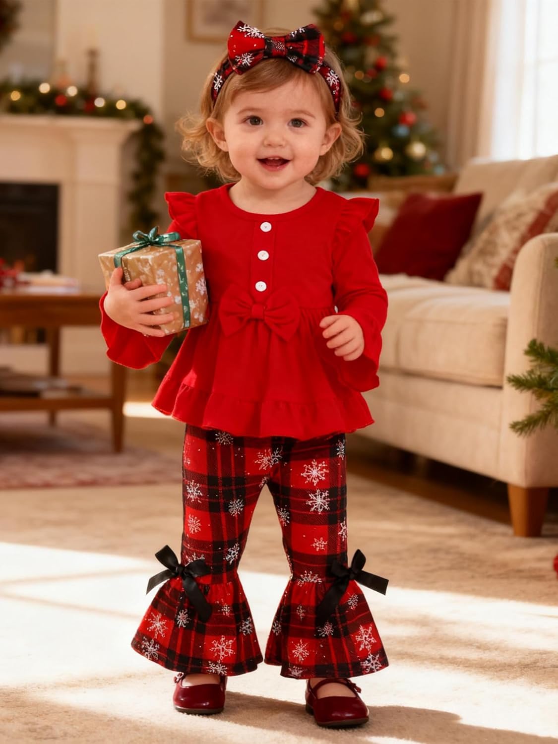 AMAWMW Toddler Baby Girl Christmas Outfit Ruffle Long Sleeve Top Bell Bottom Pants Headband Christmas Clothes Set - Image 3