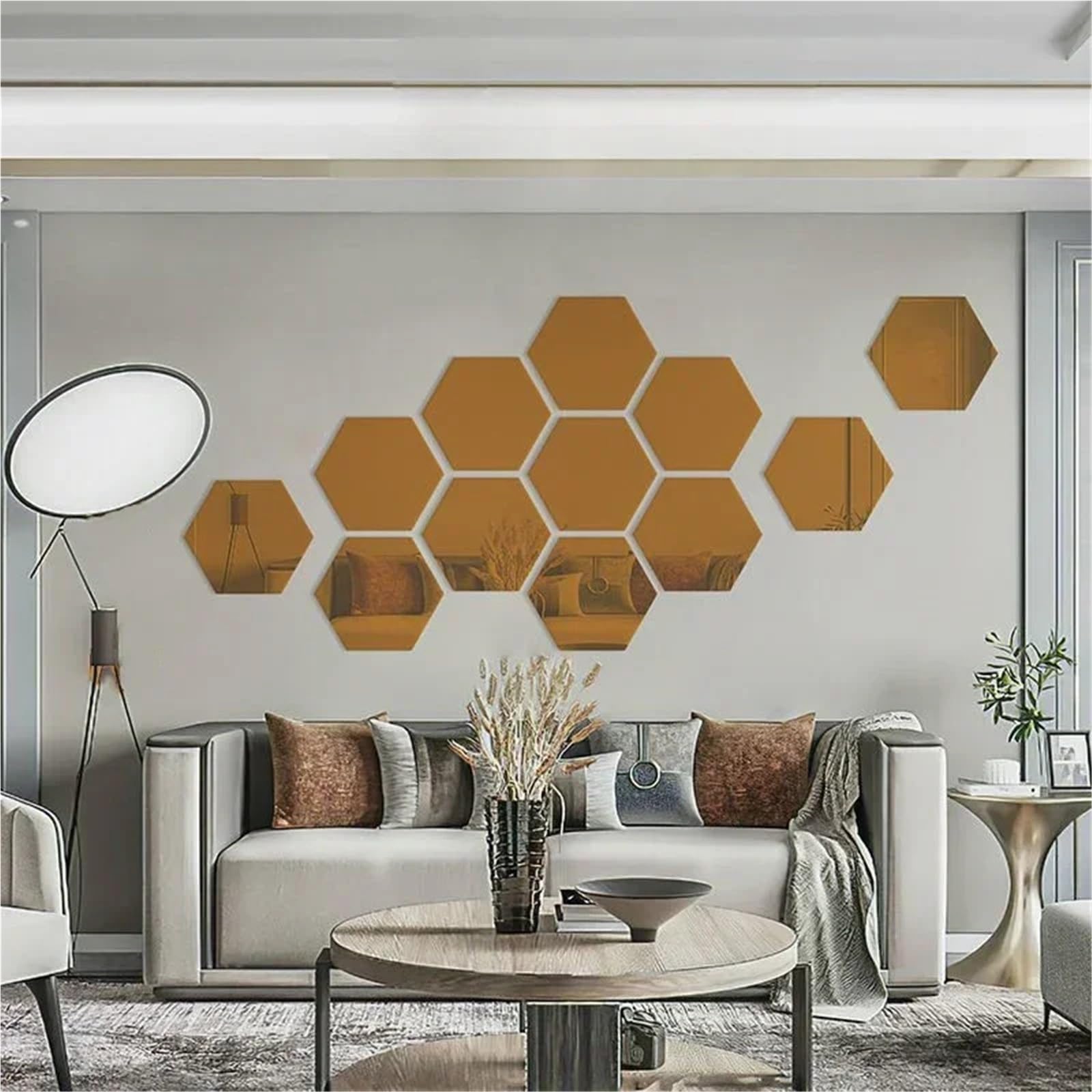 Hexagonal Mirror Wall Sticker Hexagon Mirror Wall Stickers Self Adhesive Removable Living Room Bathroom Bedroom Wall Decoration Mirror Home Decoration(12pcs Brown,XS 46x40x23mm)